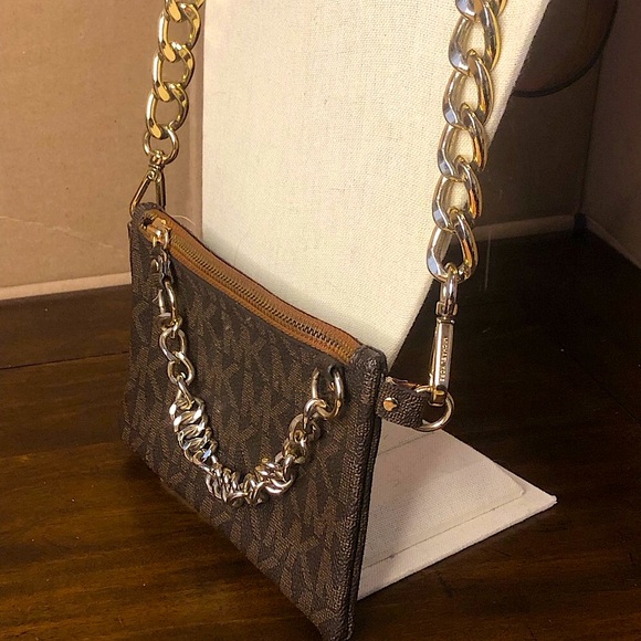 MICHAEL KORS MK Monogram Tan Brown Crossbody Bag with Two Tone Metal Hardware - Picture 15 of 17